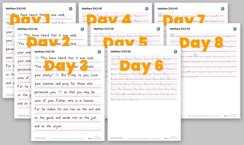 A week of scripture copywork worksheets laid out day by day