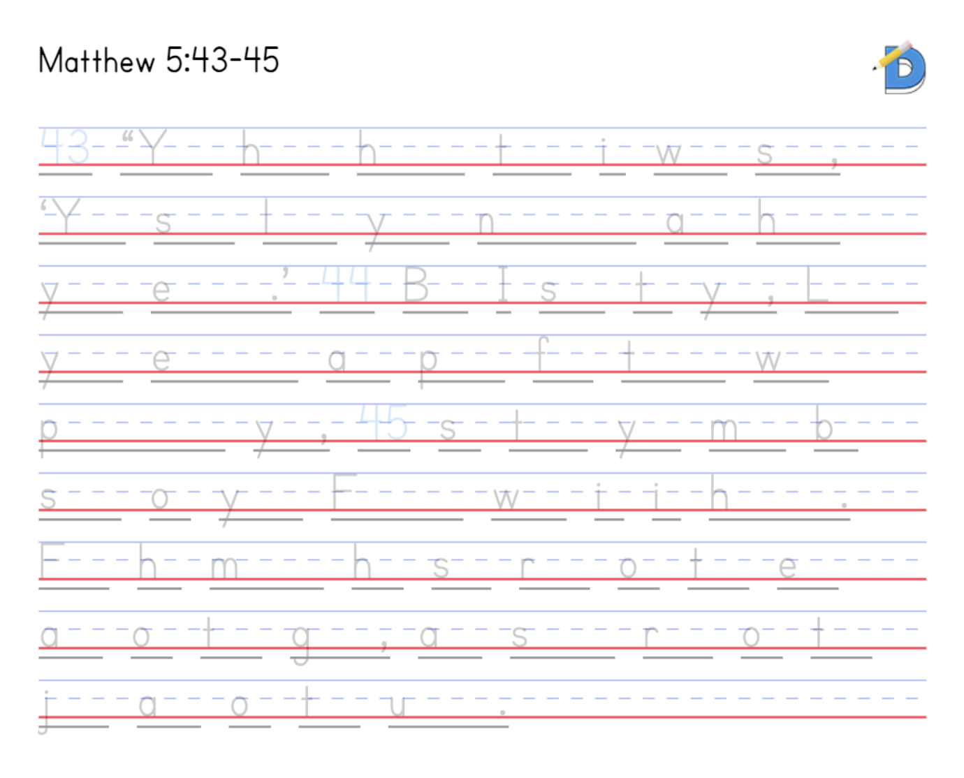 Matthew 5:43-45 worksheet with first letter hints for each word to fill in from memory