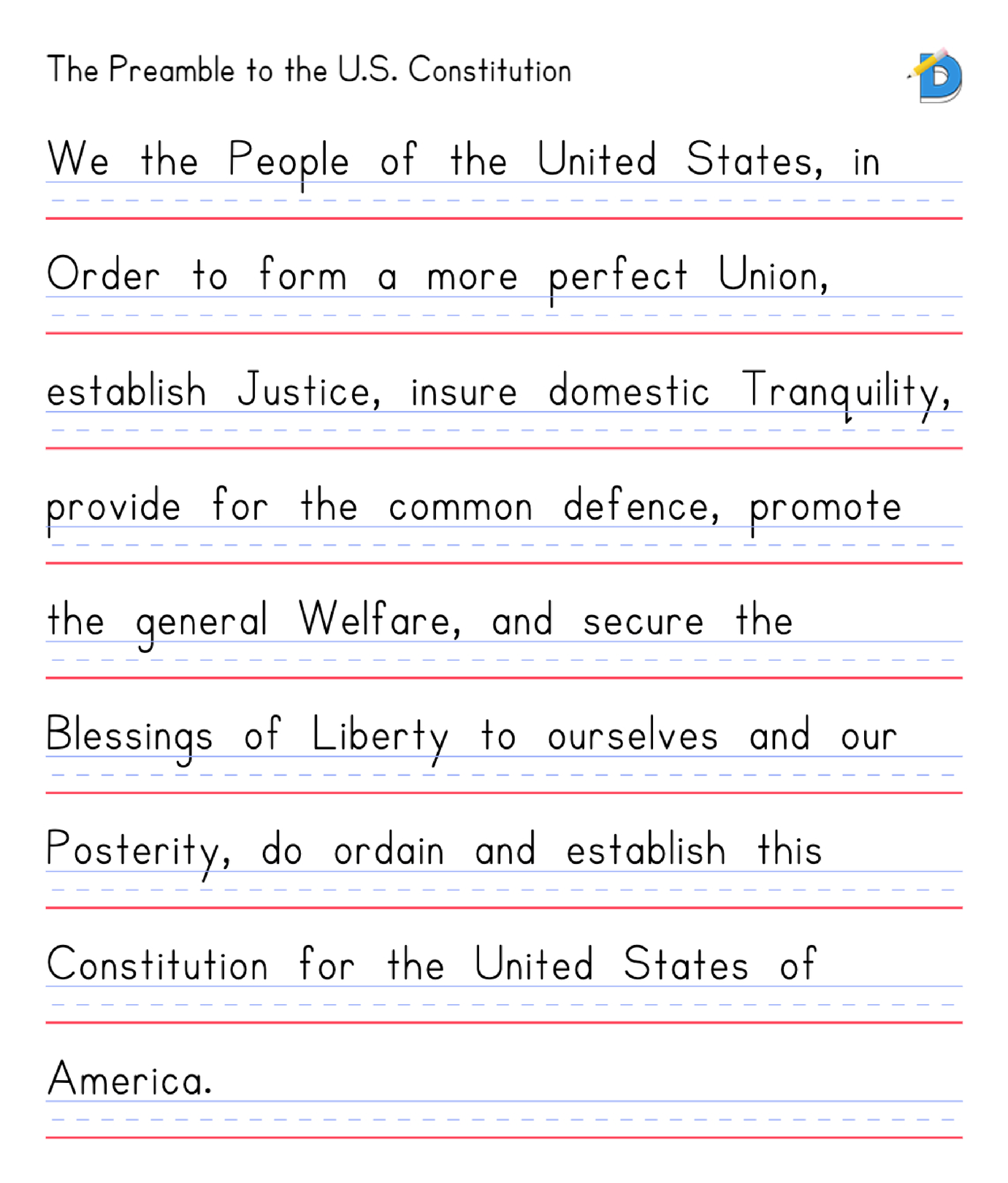 The Preamble to the Constitution as copywork on handwriting lines