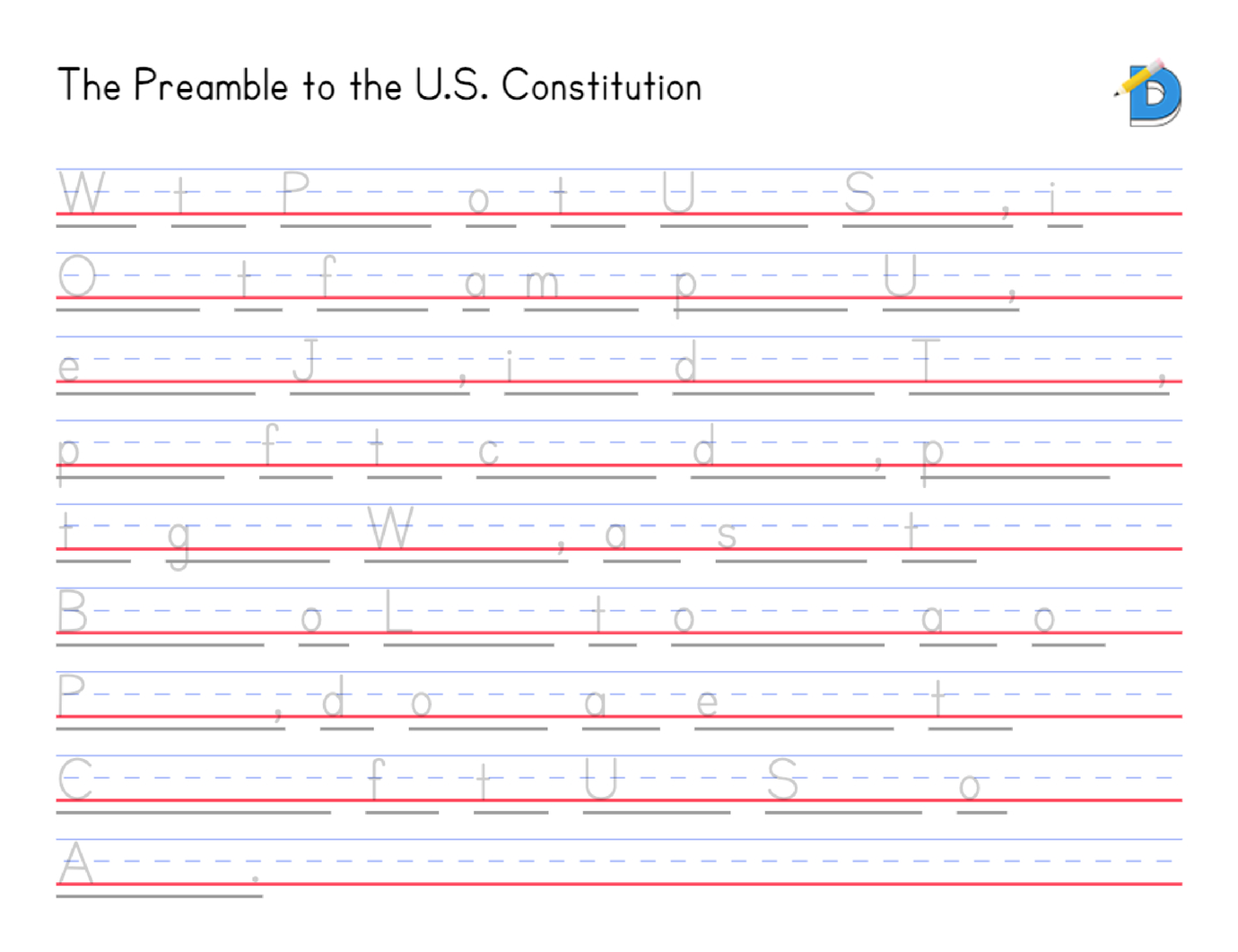 The Preamble with each word reduced to its first letter and a blank