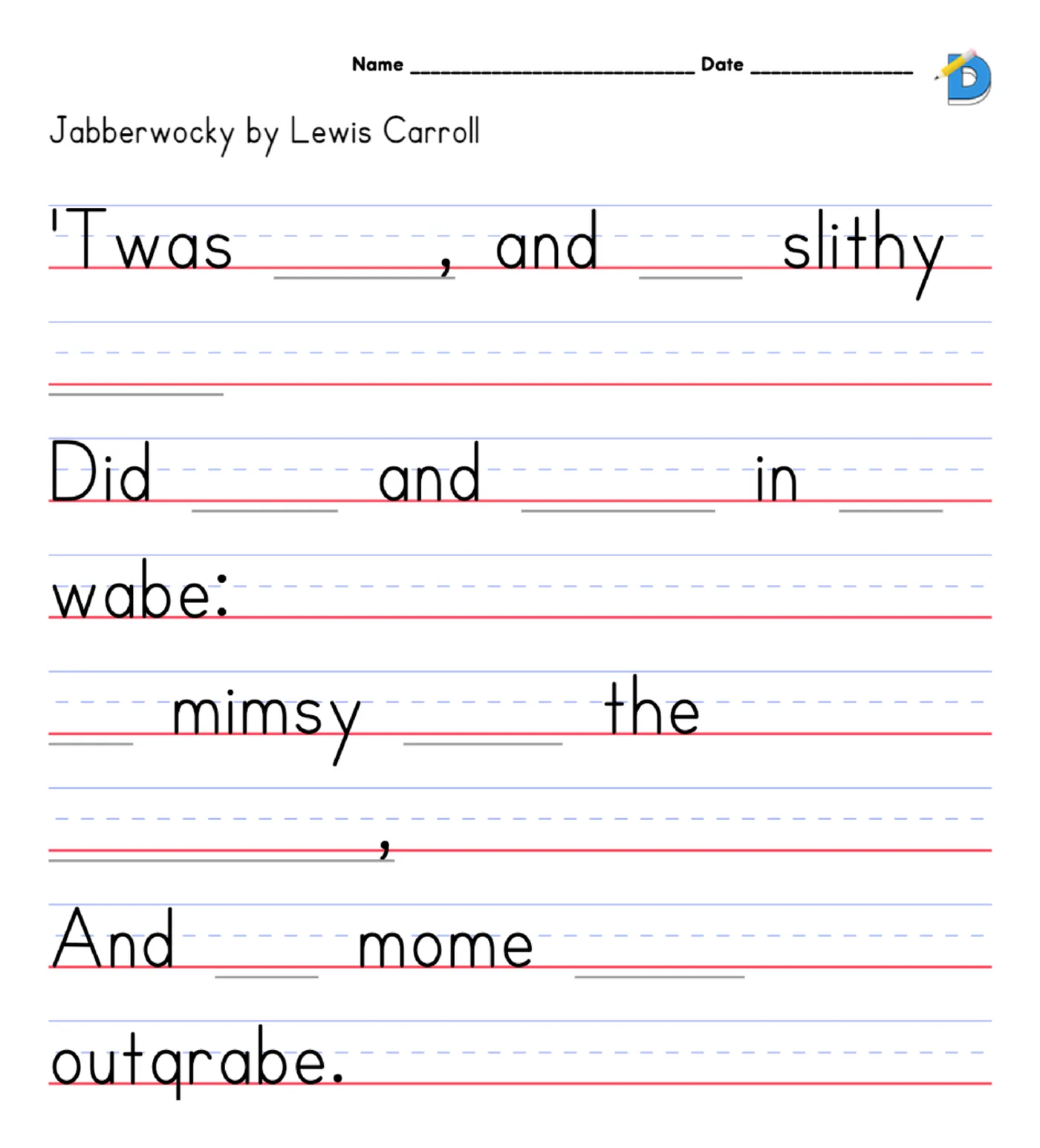 Jabberwocky by Lewis Carroll with every other word blanked out