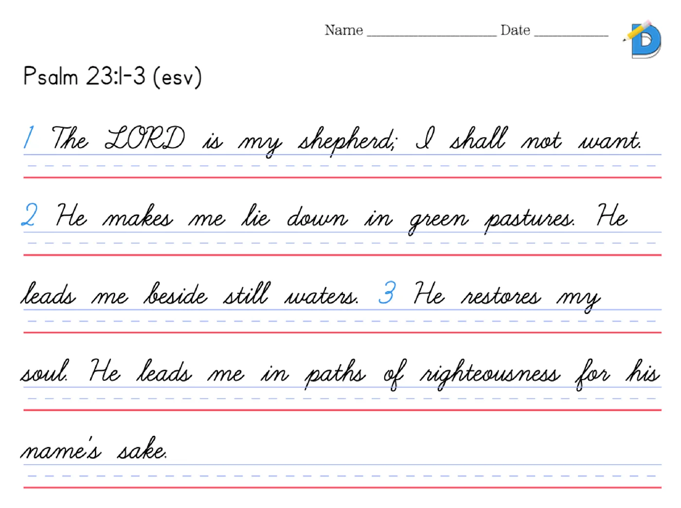 Psalm 23:1-3 copywork in Learning Curve cursive