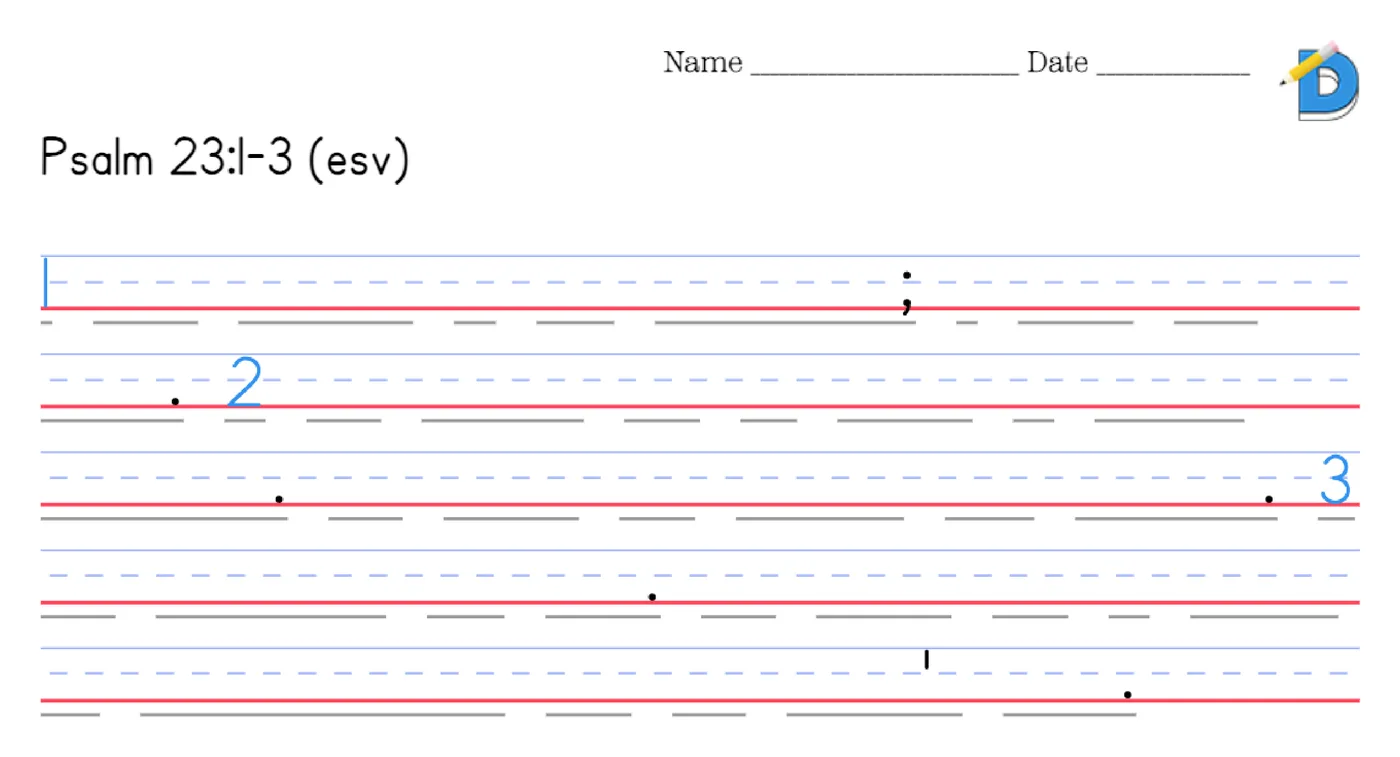 Psalm 23:1-3 memory lines with only verse numbers, punctuation and blanks sized to each word