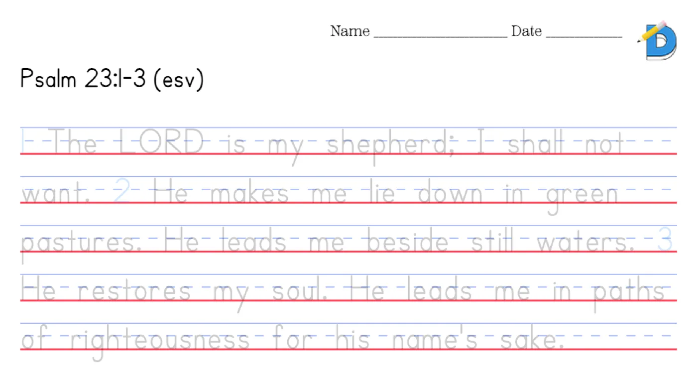 Psalm 23:1-3 tracing worksheet in gray traceable letters