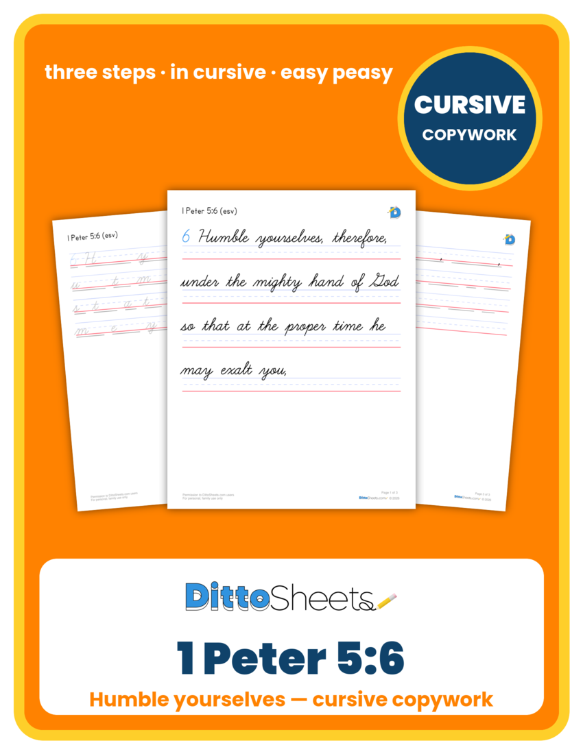 Preview of the 1 Peter 5:6 Cursive Copywork printable worksheet