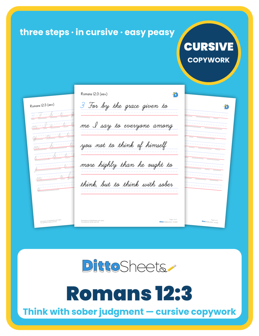 Preview of the Romans 12:3 Cursive Copywork printable worksheet