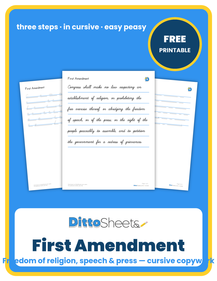 Preview of the First Amendment Cursive Copywork printable worksheet