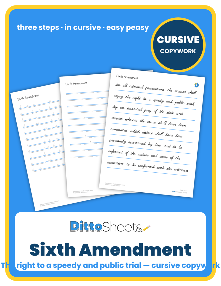 Preview of the Sixth Amendment Cursive Copywork printable worksheet