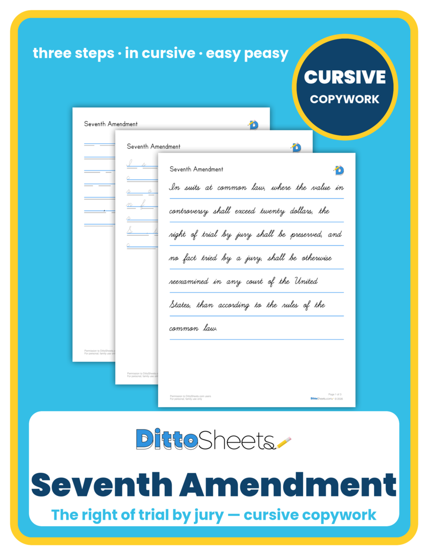 Preview of the Seventh Amendment Cursive Copywork printable worksheet