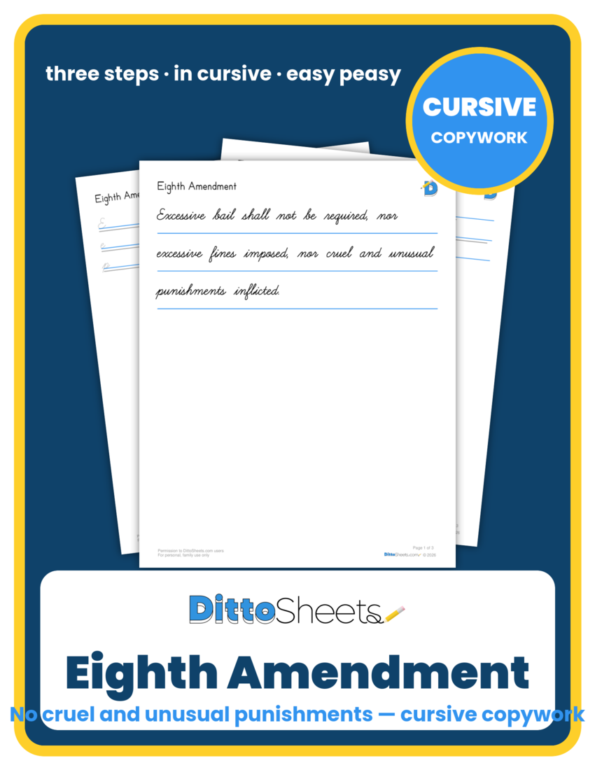 Preview of the Eighth Amendment Cursive Copywork printable worksheet