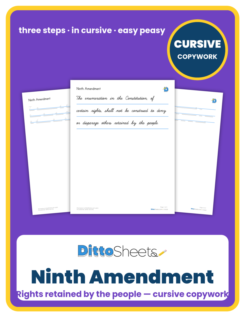 Preview of the Ninth Amendment Cursive Copywork printable worksheet
