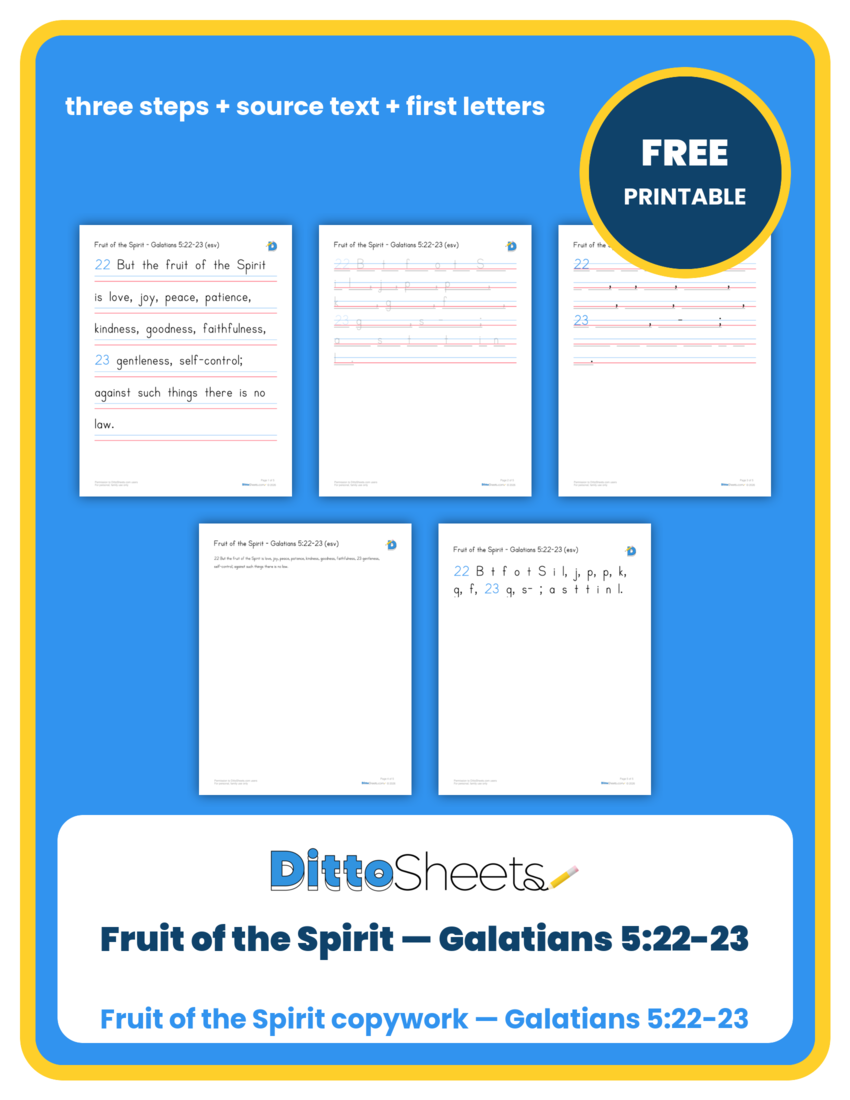 Preview of the Fruit of the Spirit — Galatians 5:22-23 Copywork printable worksheet