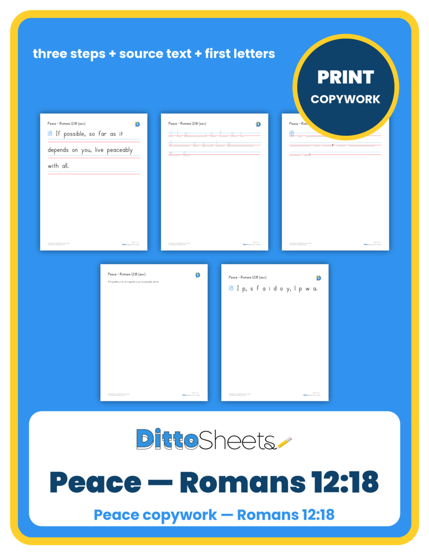 Preview of the Peace — Romans 12:18 Copywork printable worksheet