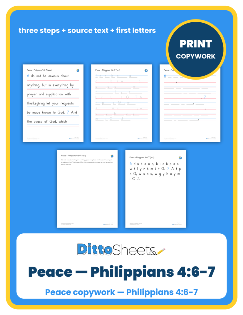 Preview of the Peace — Philippians 4:6-7 Copywork printable worksheet