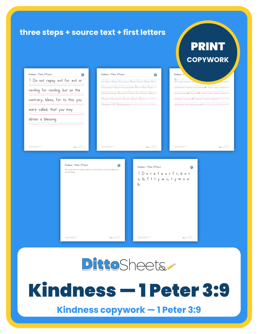 Preview of the Kindness — 1 Peter 3:9 Copywork printable worksheet