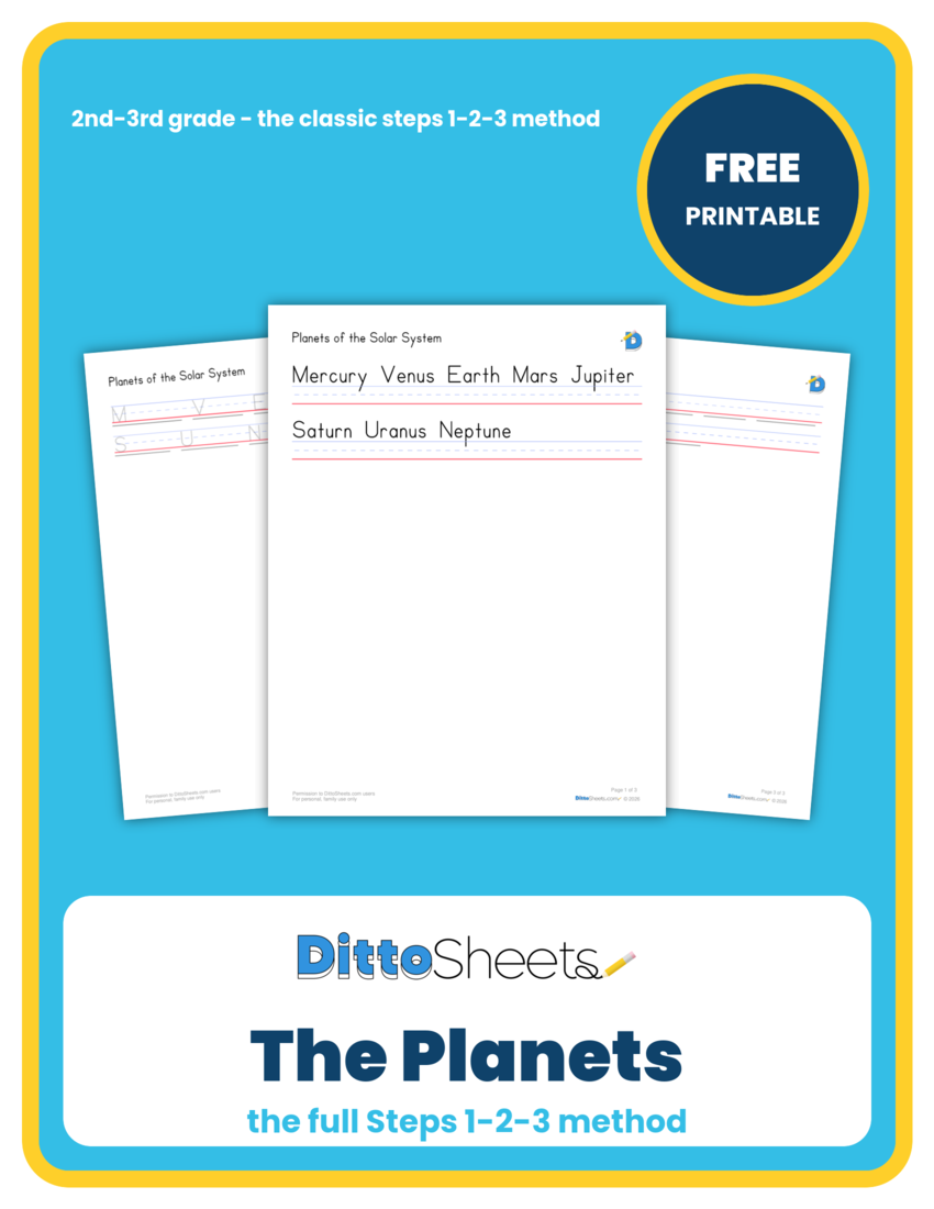 Planets of the Solar System Copywork printable worksheet preview