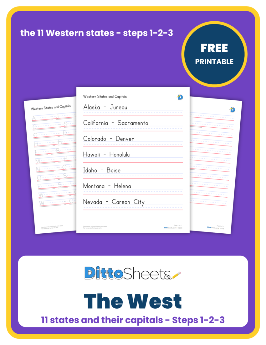 Western States & Capitals Copywork printable worksheet preview