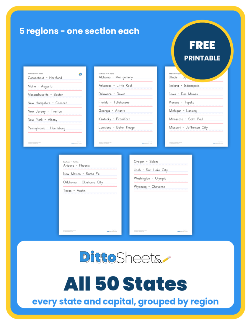 The 50 States & Capitals Copywork printable worksheet preview