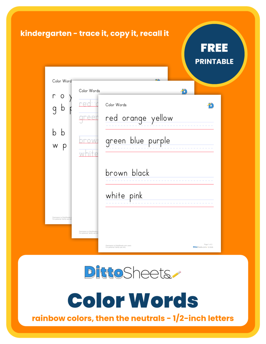 Color Words Handwriting Practice printable worksheet preview