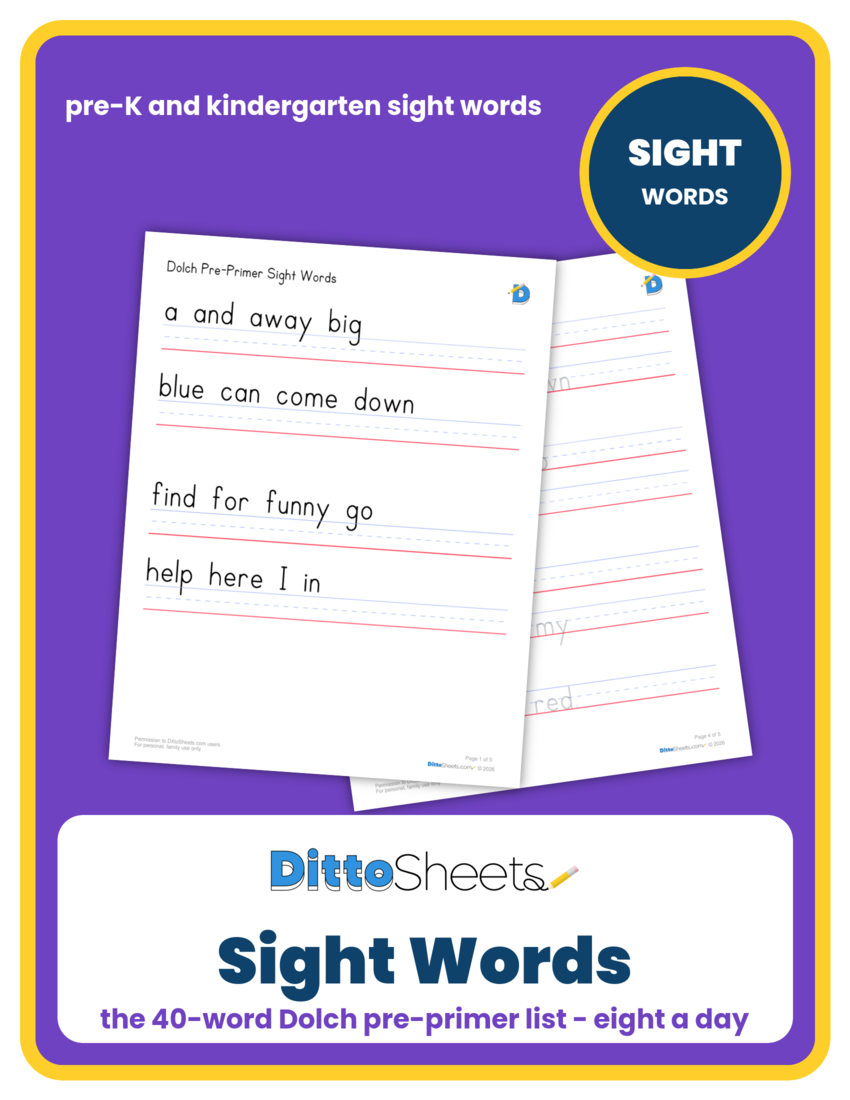 Sight Words: Dolch Pre-Primer List (40 Words) printable worksheet preview