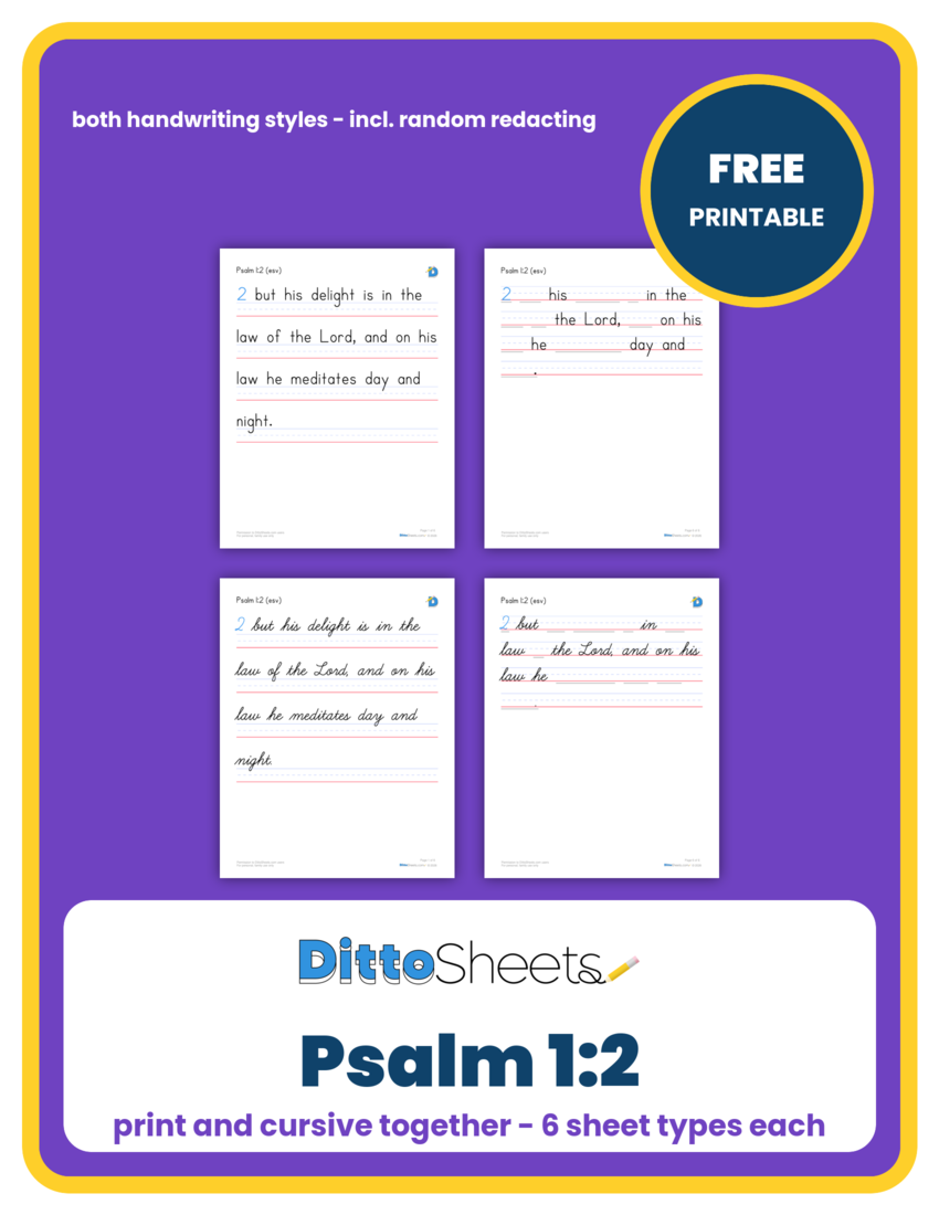 Preview of the Psalm 1:2 Copywork printable worksheet