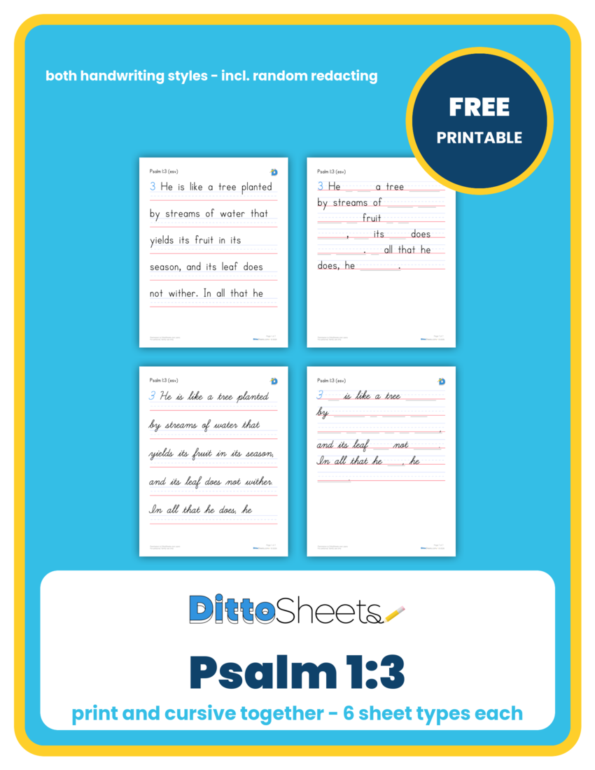 Preview of the Psalm 1:3 Copywork printable worksheet