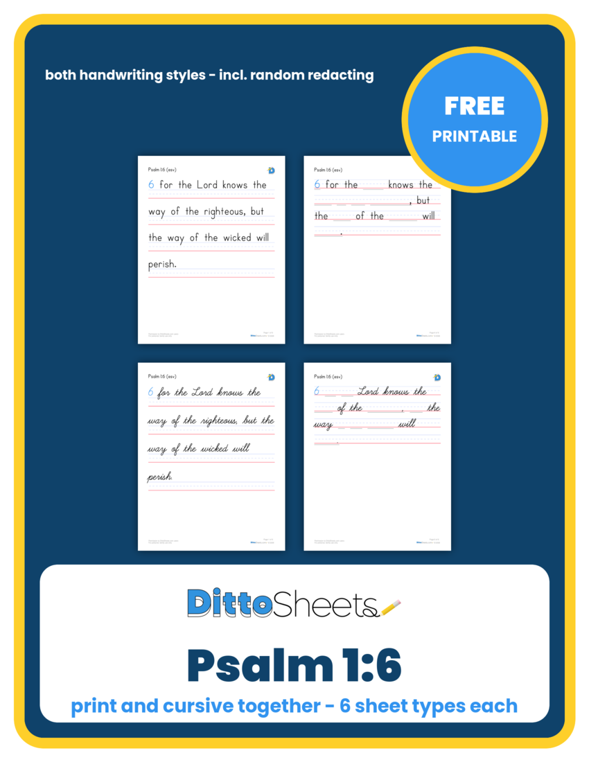 Preview of the Psalm 1:6 Copywork printable worksheet