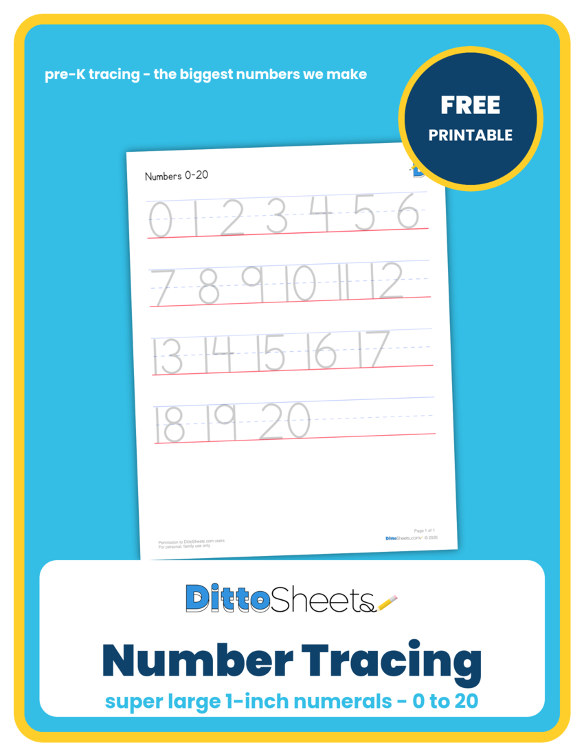 Super Large Number Tracing (0–20) printable worksheet preview