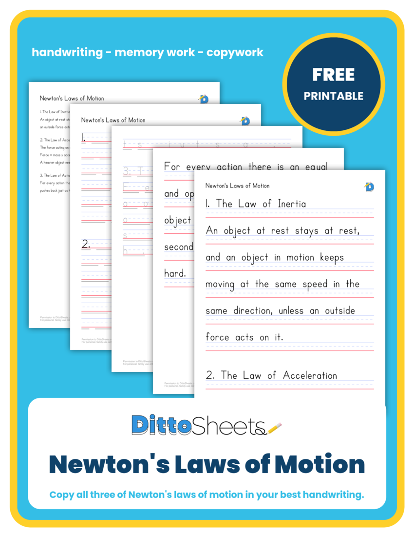 Newton's Laws of Motion Copywork printable worksheet preview