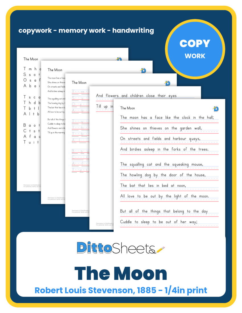 The Moon Copywork printable worksheet preview