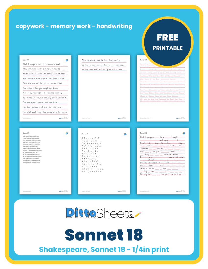 Sonnet 18 Copywork printable worksheet preview
