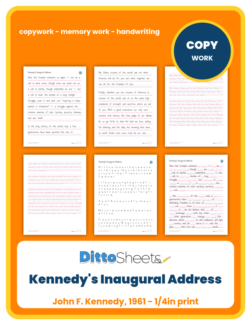 Kennedy's Inaugural Address Copywork printable worksheet preview